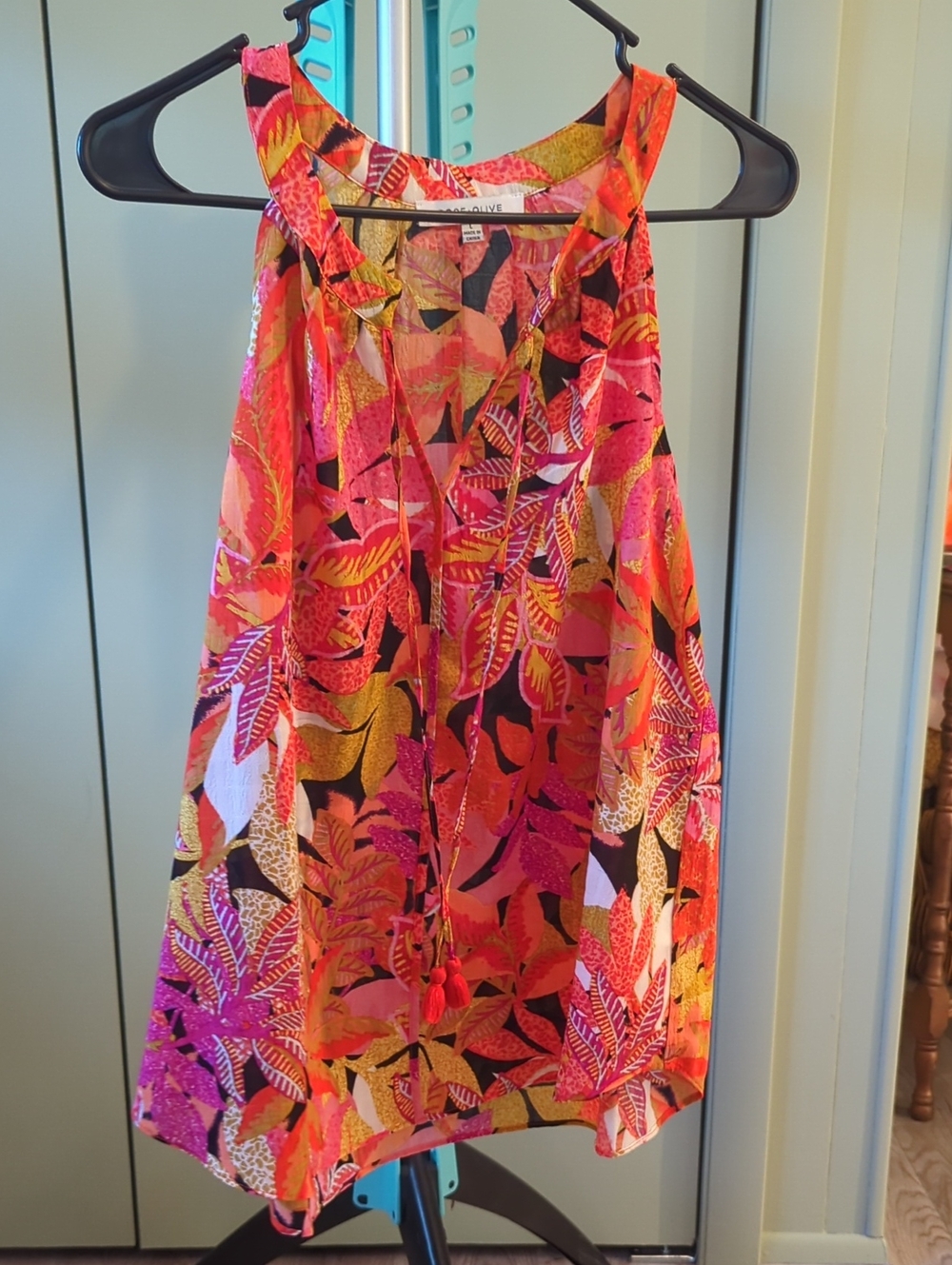 Rose & Olive Pink Tropical Halter Top with Tassel Tie